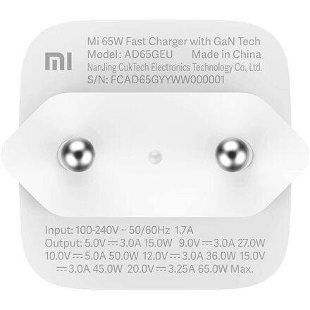 Xiaomi Mi 65W kiirlaadija koos GaN-tehnoloogiaga EU valge BHR4499GL hind ja info | Laadijad mobiiltelefonidele | hansapost.ee