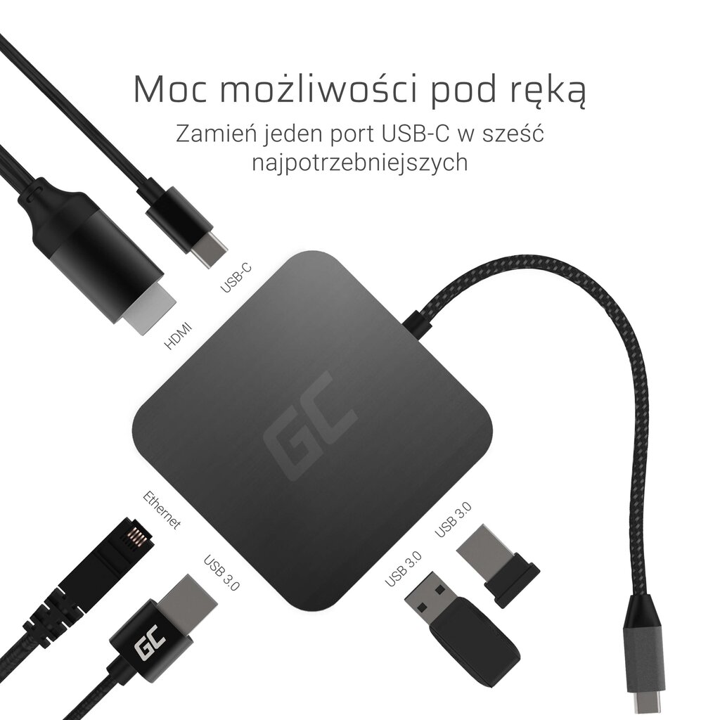 USB-jaotur Green Cell HUB2 USB-C, 3xUSB 3.0, Ethernet 1Gbps, HDMI 4K, DEX Nintendo Switch Apple hind ja info | USB adapterid ja jagajad | hansapost.ee
