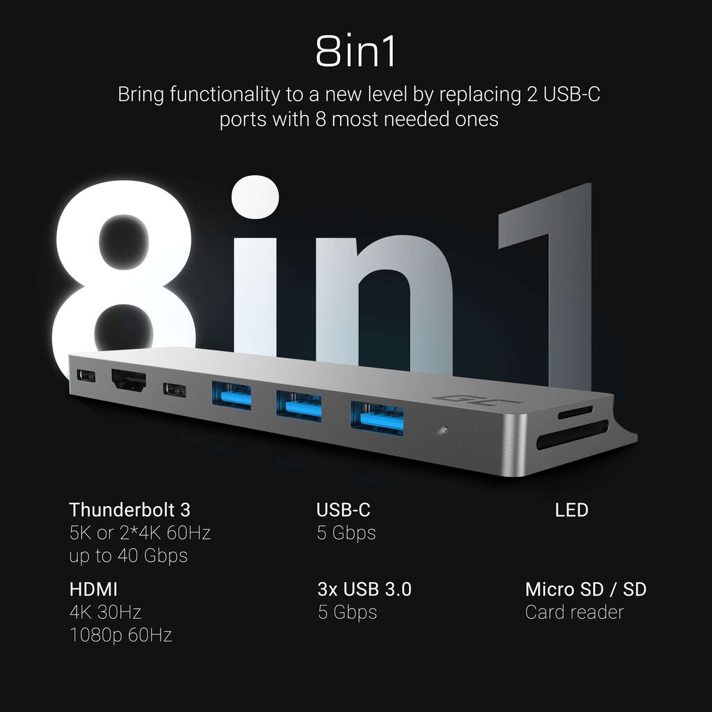 Adapter Green Cell HUB Connect60 8in1 Thunderbolt 3, USB-C, HDMI, 3x USB 3.0, SD, microSD цена и информация | USB adapterid ja jagajad | hansapost.ee