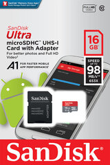Mälukaart Sandisk 16GB Ultra Android microSDHC + SD Adapter + Memory Zone App 98MB/s A1 Class 10 UHS-I hind ja info | Mälukaardid mobiiltelefonidele | hansapost.ee