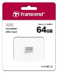 Карта памяти MICRO SDXC 64GB W/ADAPT/UHS-I TS64GUSD300S-A TRANSCEND цена и информация | Карты памяти для телефонов | hansapost.ee