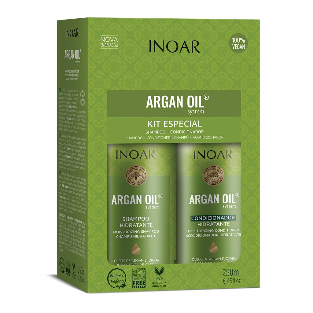 Niisutav juuksehooldustoodete komplekt argaaniaõliga INOAR Argan Duo Kit: šampoon 250 ml + palsam 250 ml hind ja info | Šampoonid | hansapost.ee