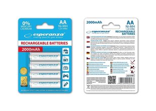 Esperanza EZA104W Перезаряжаемая батарея Ni-MH AA 2000MAH x4 цена и информация | Батарейки | hansapost.ee