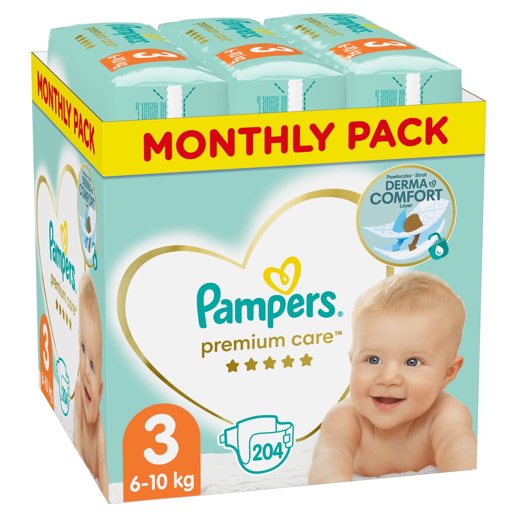 Mähkmed Pampers Premium Monthly Pack suurus 3, 6-10 kg, 204 tk цена и информация | Mähkmed, riidest mähkmed | hansapost.ee