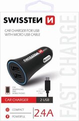 Swissten Премиум Автомобильная зарядка 12 / 24V / 1A+ 2.1A + кабель Micro USB  150 cm Черная цена и информация | Зарядные устройства для телефонов | hansapost.ee