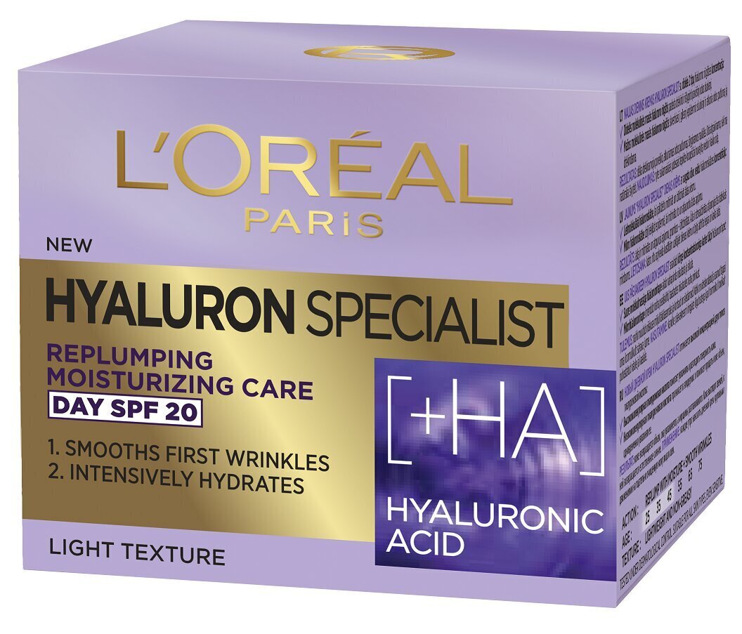 Niisutav ja taastav päevakreem hüaluroonhappega L'Oreal Paris Hyaluron Specialist SPF20 50 ml цена и информация | Näokreemid | hansapost.ee