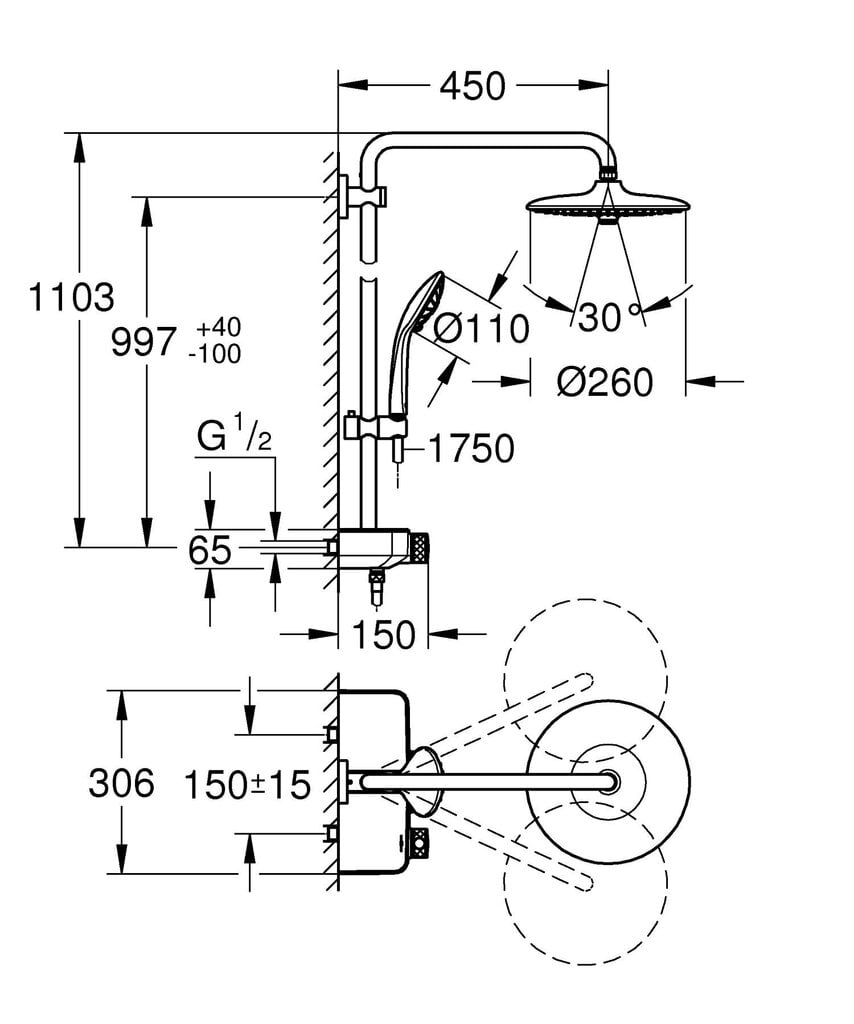 Termostaadiga dušisüsteem Grohe SmartControl Euphoria Mono 260, kroomitud, 26509000 hind ja info | Dušikomplektid ja süsteemid | hansapost.ee