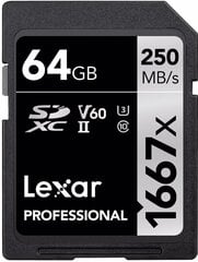 Lexar mälukaart SDXC 64GB Pro 1667x U3 V60 250MB/s hind ja info | Lexar Mobiiltelefonid, fotokaamerad, nutiseadmed | hansapost.ee