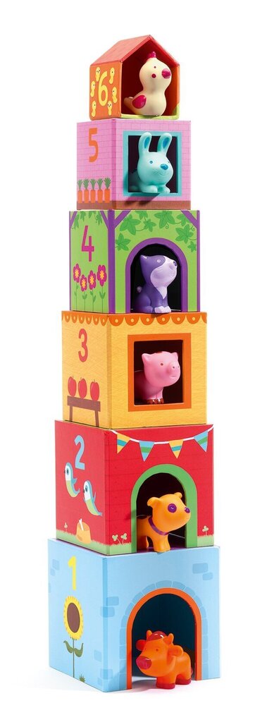 Klotsidest torn koos loomadega Djeco Cubes Topanifarm, D0J09108 hind ja info | Beebide mänguasjad | hansapost.ee