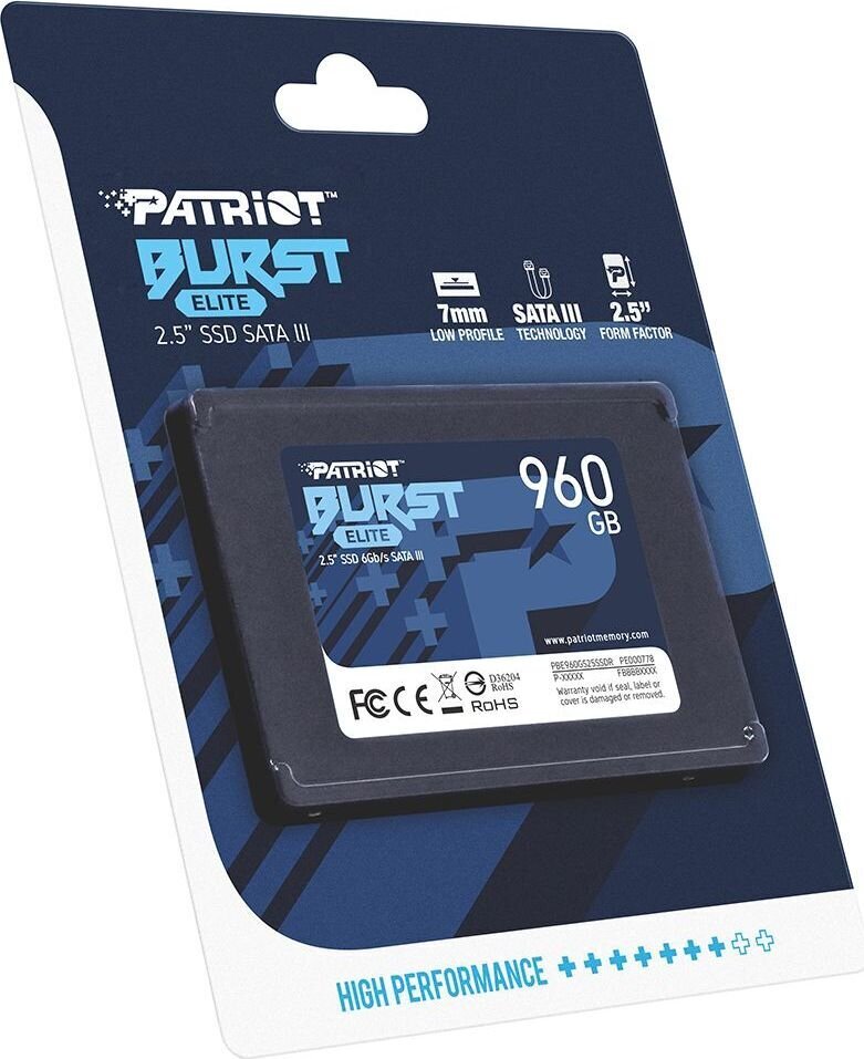 SSD|PATRIOT|Burst Elite|960GB|SATA 3.0|3D NAND|Kirjutuskiirus 320 MBait/s|Lugemiskiirus 450 MBait/s|2,5"|TBW 400 TB|PBE960GS25SSDR hind ja info | Sisemised kõvakettad | hansapost.ee