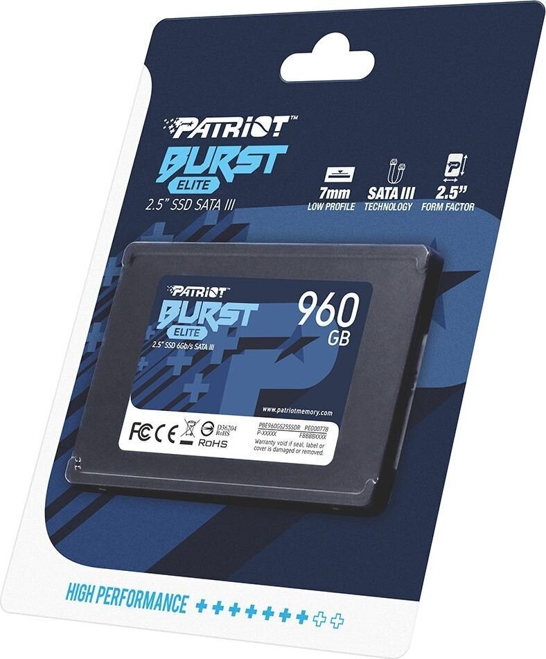 SSD|PATRIOT|Burst Elite|960GB|SATA 3.0|3D NAND|Kirjutuskiirus 320 MBait/s|Lugemiskiirus 450 MBait/s|2,5"|TBW 400 TB|PBE960GS25SSDR hind ja info | Sisemised kõvakettad | hansapost.ee