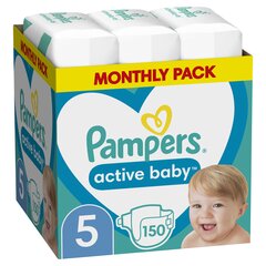 Подгузники PAMPERS Active Baby-Dry, Monthly Pack, 5 размер, 11-16кг, 150 шт. цена и информация | Пеленки | hansapost.ee