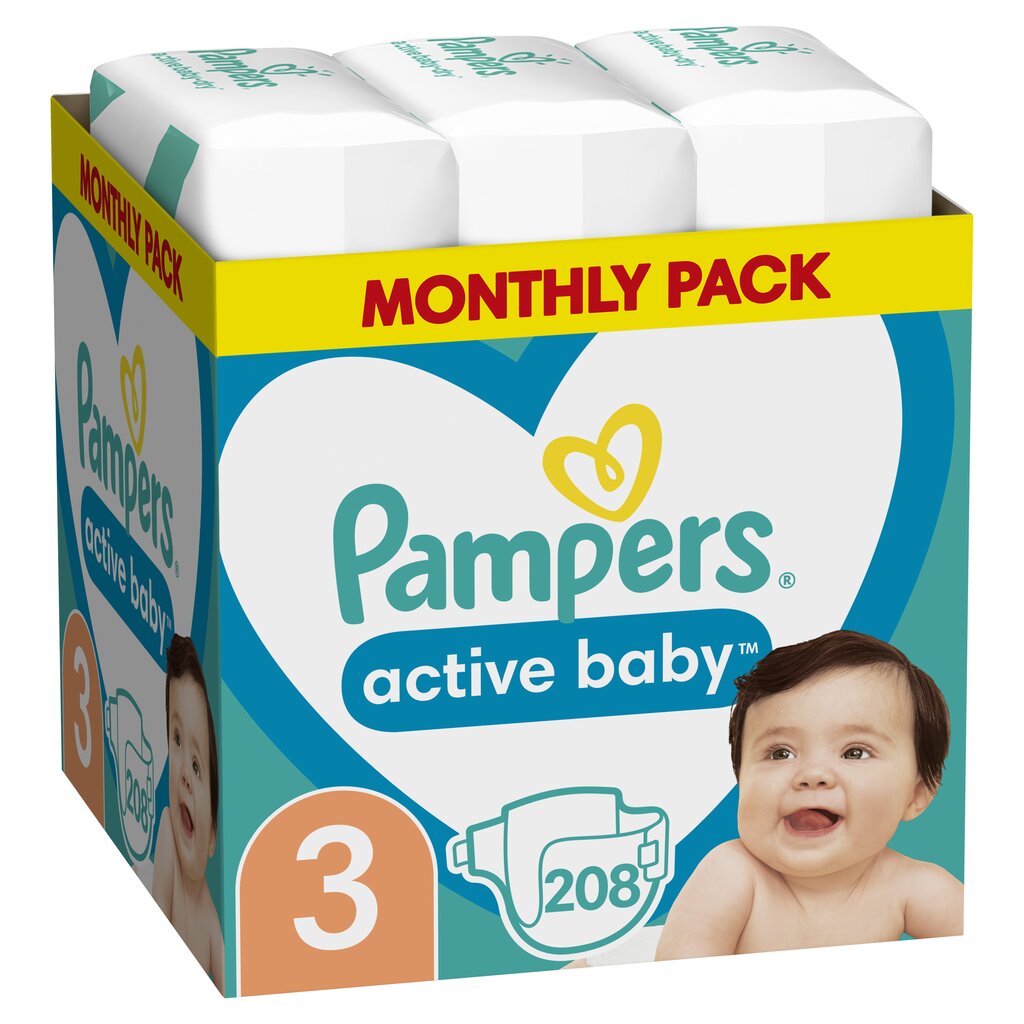Mähkmed Pampers Active Baby-Dry, Monthly Pack, suurus 3, 6-10 kg, 208 tk цена и информация | Mähkmed, riidest mähkmed | hansapost.ee