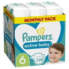 Mähkmed Pampers Active Baby, Monthly Pack, suurus 6, 13-18 kg, 128 tk hind ja info | Pampers Beebikaubad | hansapost.ee