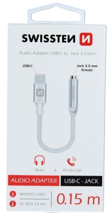 Swissten USB-C to Jack 3.5mm Audio Adapter for phones 15 cm Silver цена и информация | USB adapterid ja jagajad | hansapost.ee