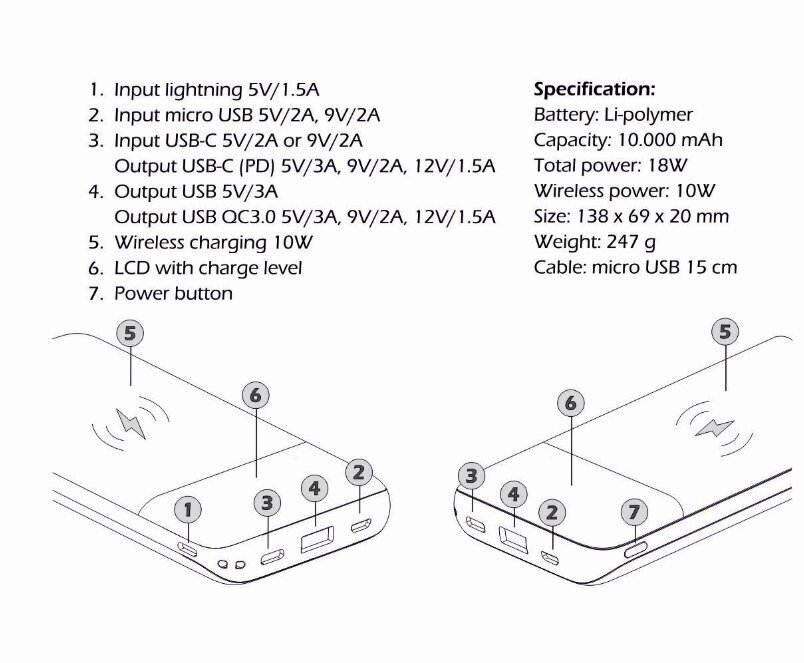 Swissten All In One Power Bank 3A / PD / QC 3.0 / Wireless 10W / USB / USB-C / 10000 mAh Black цена и информация | Akupangad | hansapost.ee