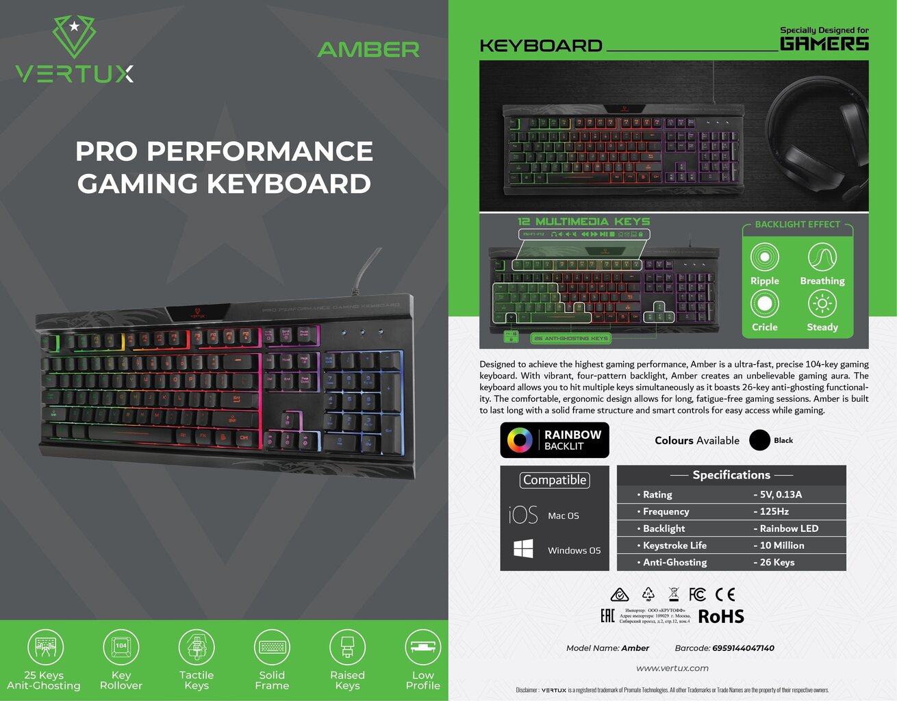 Vertux Amber LED цена и информация | Klaviatuurid | hansapost.ee