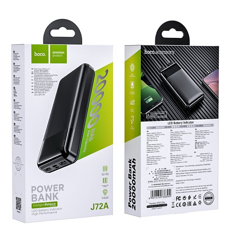 Power Bank / Väline kaasaskantav aku 20000 mAh / 2 x Usb, must, Hoco J72 цена и информация | Akupangad | hansapost.ee