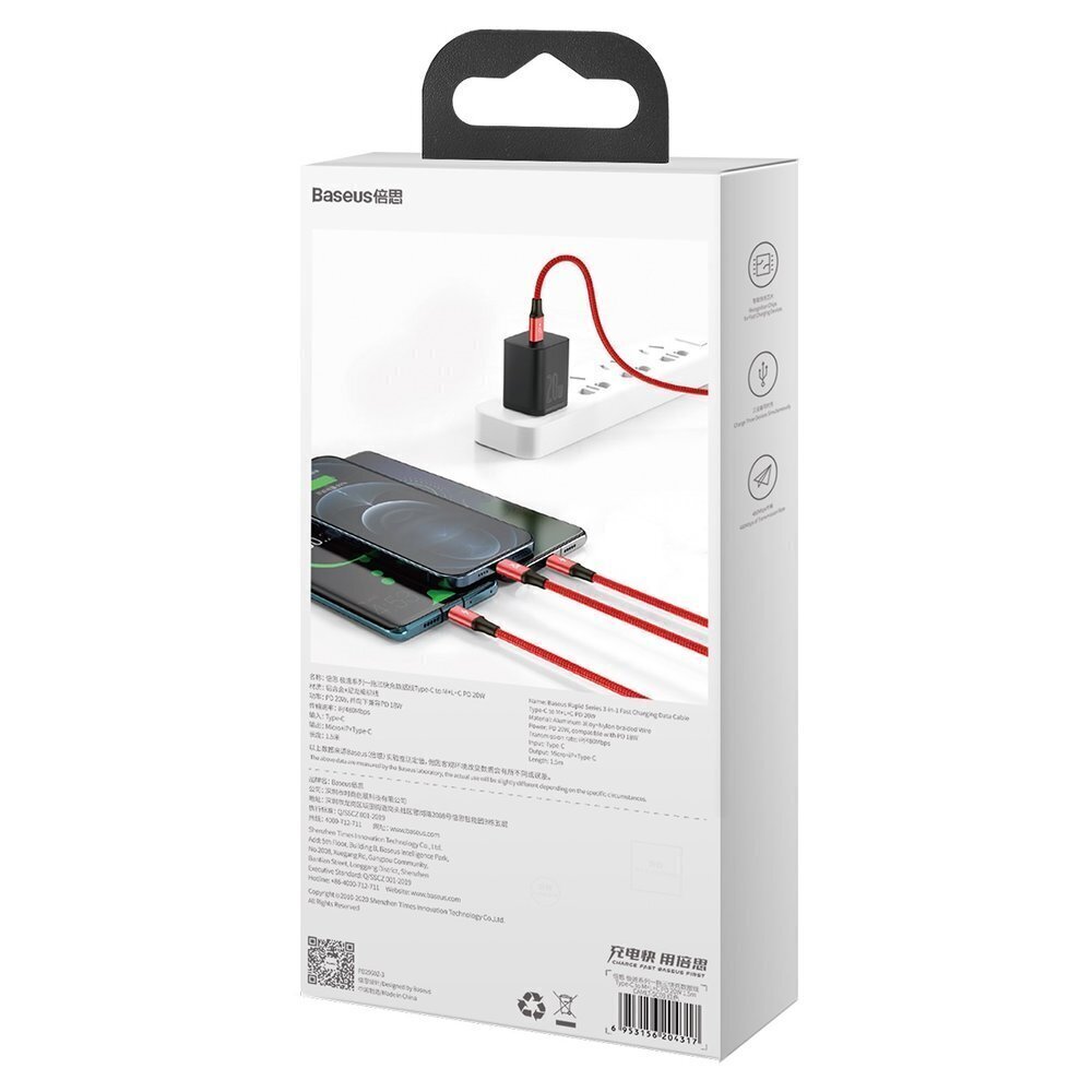 Baseus Rapid 3in1 USB Typ C - USB Typ C / Lightning / micro USB cable 20 W 1,5 m red (CAMLT-SC09) hind ja info | Mobiiltelefonide kaablid | hansapost.ee