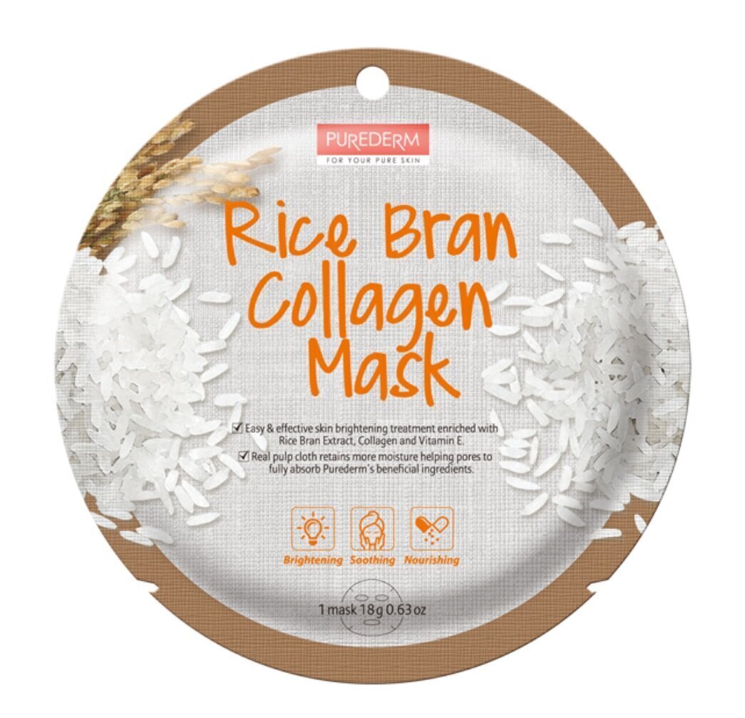 Näomask naistele kollageeni ja riisiekstraktiga PUREDERM Rice Bran Collagen Mask, 18g цена и информация | Näomaskid ja silmamaskid | hansapost.ee