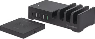 Зарядная станция Manhattan 55 W 1 x USB-C PD 30 W, 1 x USB-A QC 3,0 18 W, 3 x USB-A 5 V 2,4 A (36 W) и Qi 10 W беспроводное индукционное зарядное устройство цена и информация | Зарядные устройства для телефонов | hansapost.ee