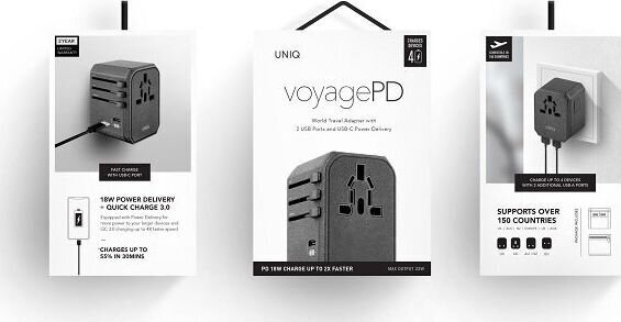 UNIQ juht. võrku. Voyage World Adapter 33W + 2xUSB + PD 18W + QC 3.0 hall / söehall (LITHOS Collective) цена и информация | Pistikupesad ja lülitid | hansapost.ee