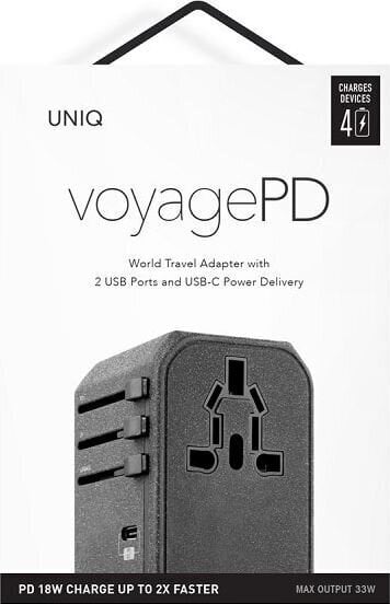 UNIQ juht. võrku. Voyage World Adapter 33W + 2xUSB + PD 18W + QC 3.0 hall / söehall (LITHOS Collective) цена и информация | Pistikupesad ja lülitid | hansapost.ee