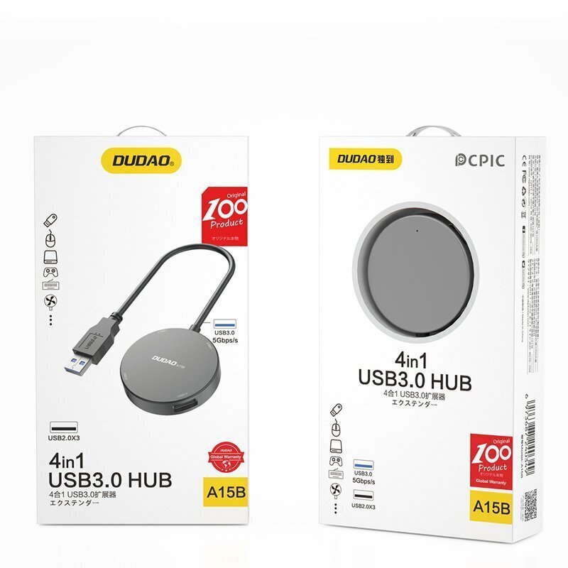 Dudao 4in1 USB – 1x USB 3.2 Gen 1 / 3x USB 2.0 HUB adapteri jaotur + kaabel must (A15B) цена и информация | USB adapterid ja jagajad | hansapost.ee