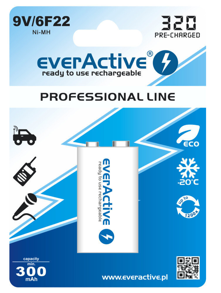 Patarei everActive Professional Ready to Use 9 V 320 mAh aku, 1 tk цена и информация | Patareid | hansapost.ee