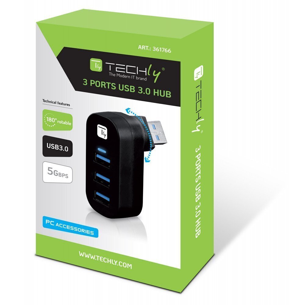 USB 3.0 jagaja Techly 3x USB 3.0 180° pööratava USB-A pistikuga, must hind ja info | USB adapterid ja jagajad | hansapost.ee