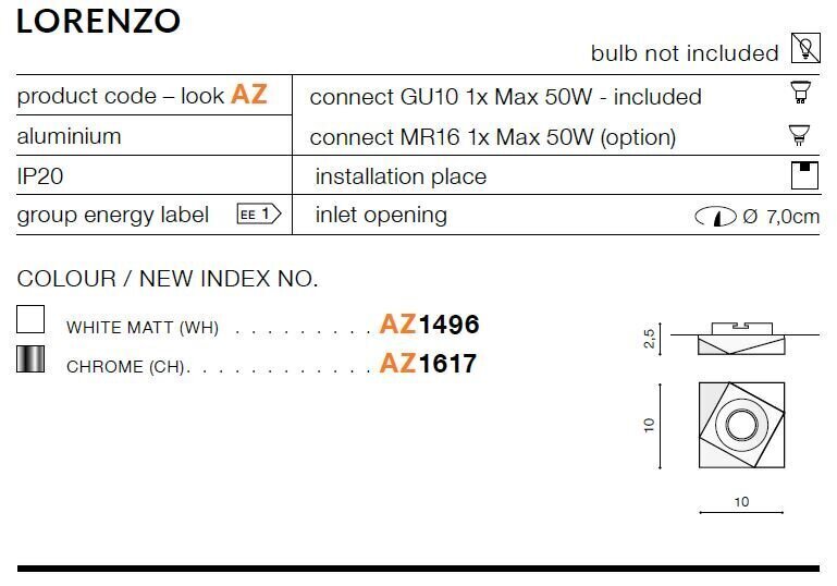 Sisseehitatud lamp Azzardo Lorenzo White hind ja info | Süvistatavad LED valgustid | hansapost.ee