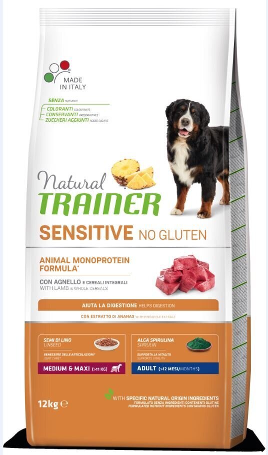 Kuivtoit koertele lambalihaga Natural Trainer Sensitive No Gluten keskmist ja suurt tõugu koertele, 12 kg цена и информация | Koerte kuivtoit ja krõbinad | hansapost.ee