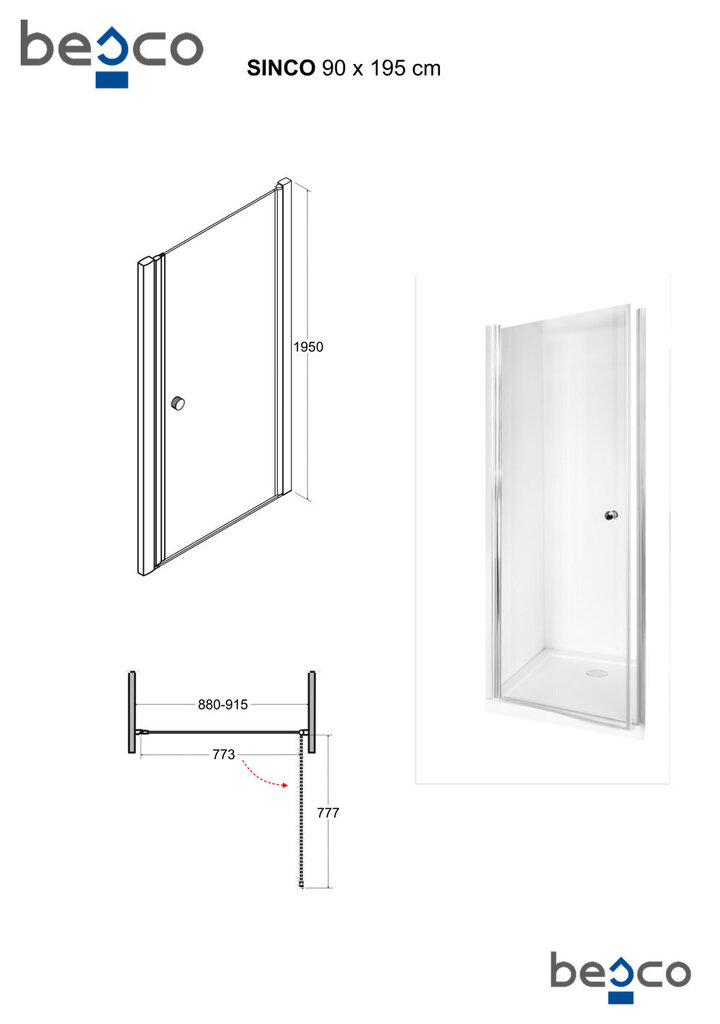 Dušikabiini uksed Besco Sinco, 80, 90 x 195 cm hind ja info | Dušiseinad ja dušiuksed | hansapost.ee