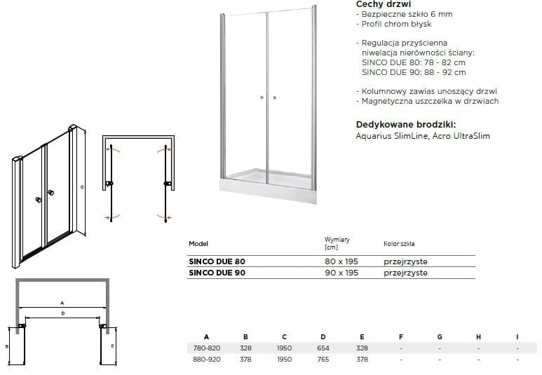 Dušikabiini uksed Besco Sinco Due, 80, 90 x 195 cm hind ja info | Dušiseinad ja dušiuksed | hansapost.ee