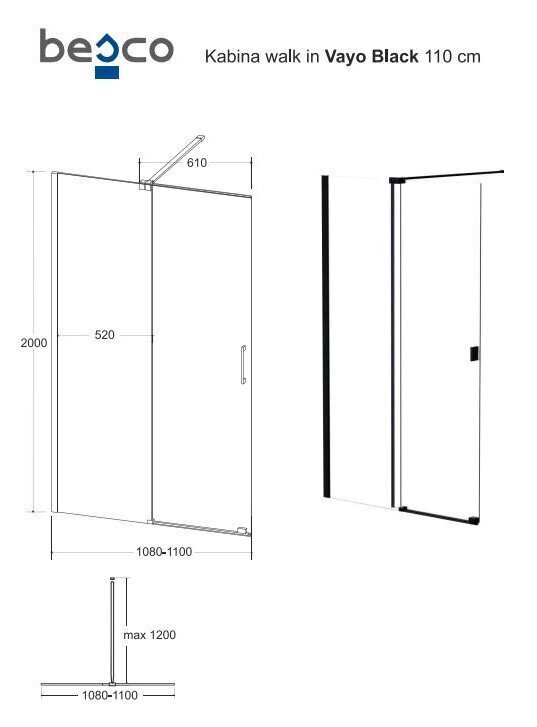 Walk-In dušikabiin Besco Vayo Black, 100,110,120 x 200 cm hind ja info | Dušiseinad ja dušiuksed | hansapost.ee