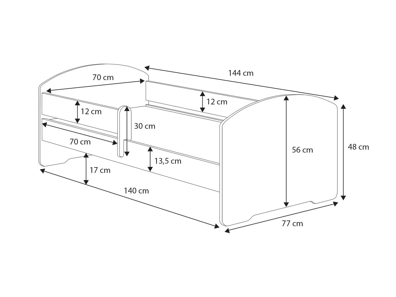 Lastevoodi eemaldatava kaitsega ADRK Furniture Pepe 144, 140x70cm, valge цена и информация | Lastevoodid | hansapost.ee