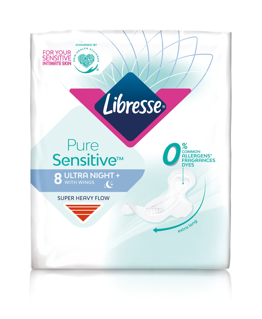 Hügieenisidemed Libresse Pure Sensitive Night, 8 tk. hind ja info | Tampoonid, hügieenisidemed ja menstruaalanumad | hansapost.ee