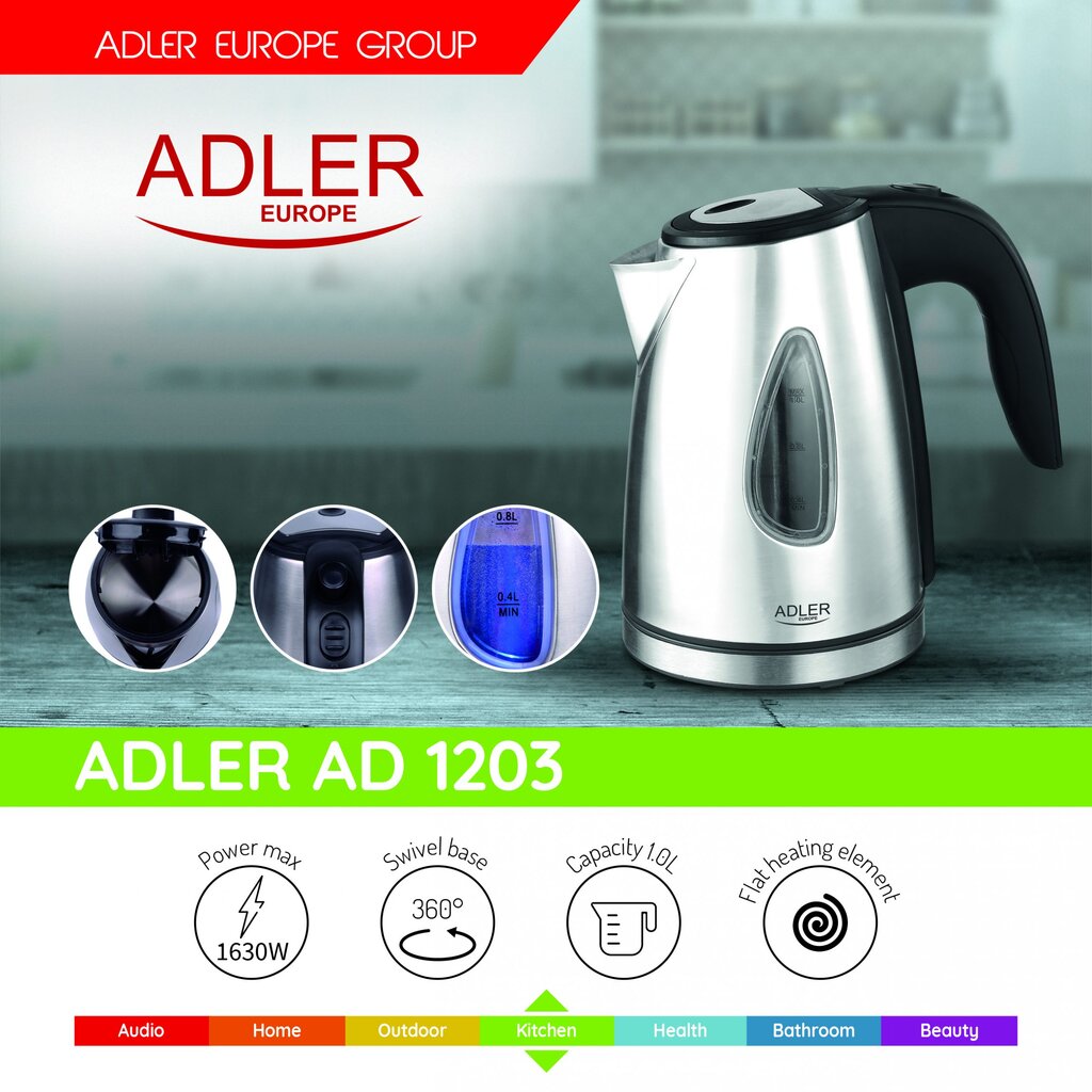 Adler AD1203 veekeetja 1L, 1500w, metall hind ja info | Veekeetjad | hansapost.ee
