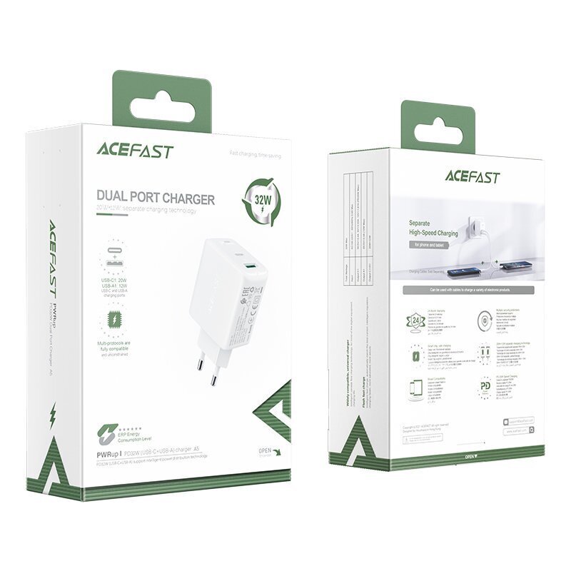 Acefast wall charger USB Type C / USB 32W, PPS, PD, QC 3.0, AFC, FCP white (A5 white) hind ja info | Laadijad mobiiltelefonidele | hansapost.ee