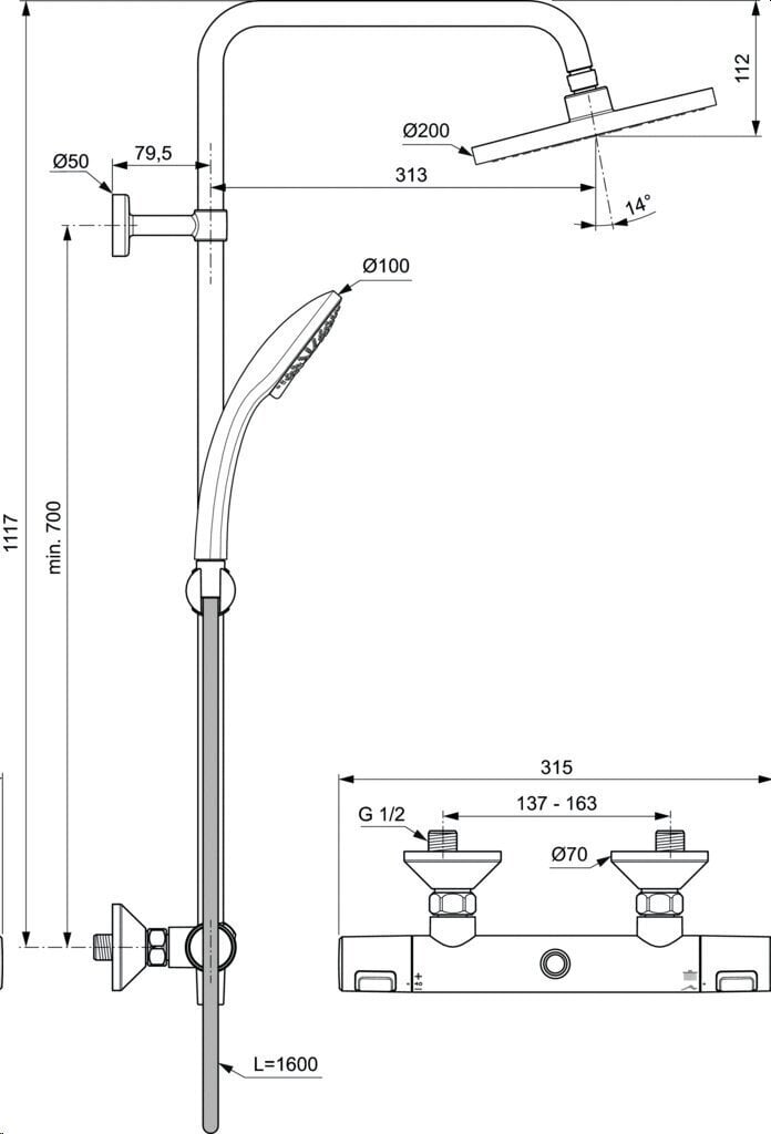 Termostaatiline dušisüsteem Ideal Standard Ceratherm T25 segistiga Ceratherm T25, dušš Ø200 mm ja käsidušš Idealrain 100 mm, A7208AA цена и информация | Dušikomplektid ja süsteemid | hansapost.ee