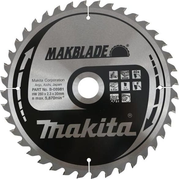 B-08981 T.C.T saeketas 260X2.3X30mm 5° T40 Makita hind ja info | Aiatööriistade varuosad | hansapost.ee