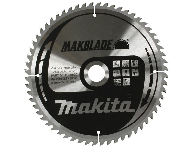 B-09020 T.C.T saeketas 260X2.3X30mm 5° T60 Makita hind ja info | Aiatööriistade varuosad | hansapost.ee