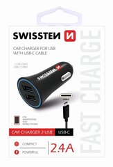 Swissten Premium Car charger 12 / 24V / 1A + 2.1A + USB-C Data Cable 100 cm Black hind ja info | Laadijad mobiiltelefonidele | hansapost.ee