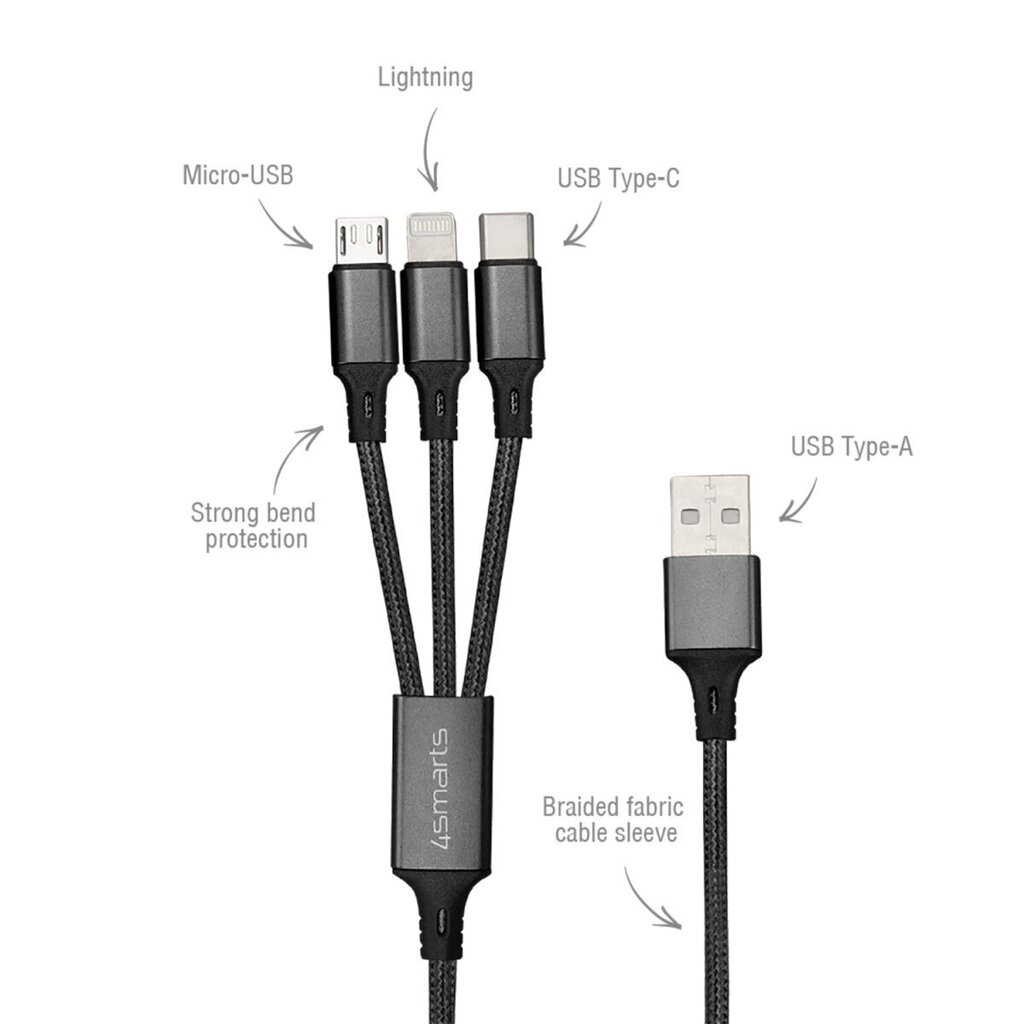 4smarts 3in1, Micro-USB/USB-C/Lightning, 1 m цена и информация | Juhtmed ja kaablid | hansapost.ee