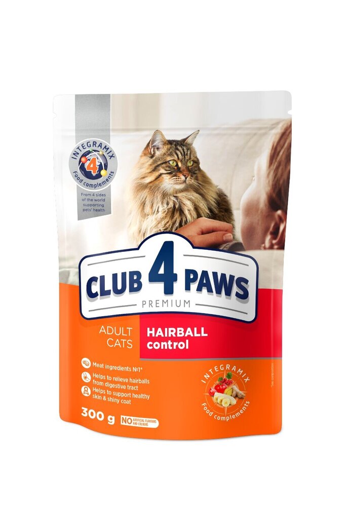 CLUB 4 PAWS Premium täisväärtuslik kuivtoit täiskasvanud kassidele, seedetraktist karvapallide eemaldava toimega Hairball Control, 300 g цена и информация | Kassi kuivtoit ja kassikrõbinad | hansapost.ee