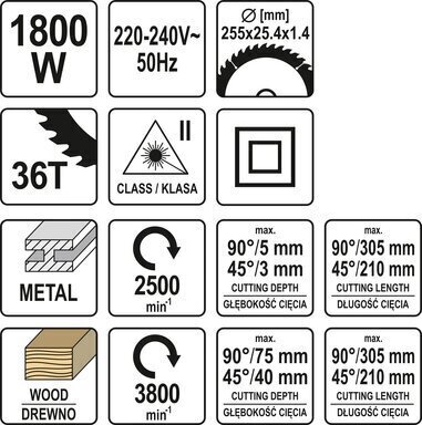 Metalli ja puidu lõikamismasin 1800 W 255 mm, 2 rööbast, söötmisfunktsioon Yato (YT-82174) цена и информация | Elektrilised saed, ketassaed ja tarvikud | hansapost.ee