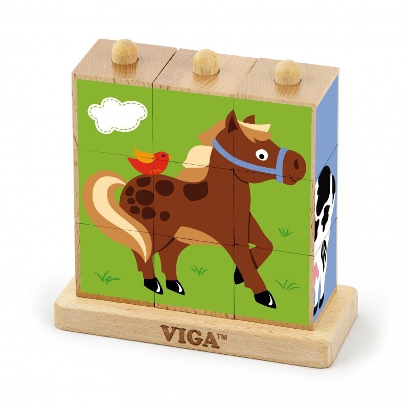 ‚Viga‘ puidust farmiloomade pusle 9-klotsiga, 2+ vanustele цена и информация | Arendavad laste mänguasjad | hansapost.ee
