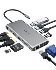 HUB CB-C78 aluminum USB-C | 12w1 | RJ45 Ethernet 10/100/1000Mbps | 2xUSB 3.1 | 2xUSB 2.0 | 2xHDMI 4k@30Hz | VGA | SD i microSD | USB-C | USB-C цена и информация | Aukey Aксессуары для компьютеров | hansapost.ee