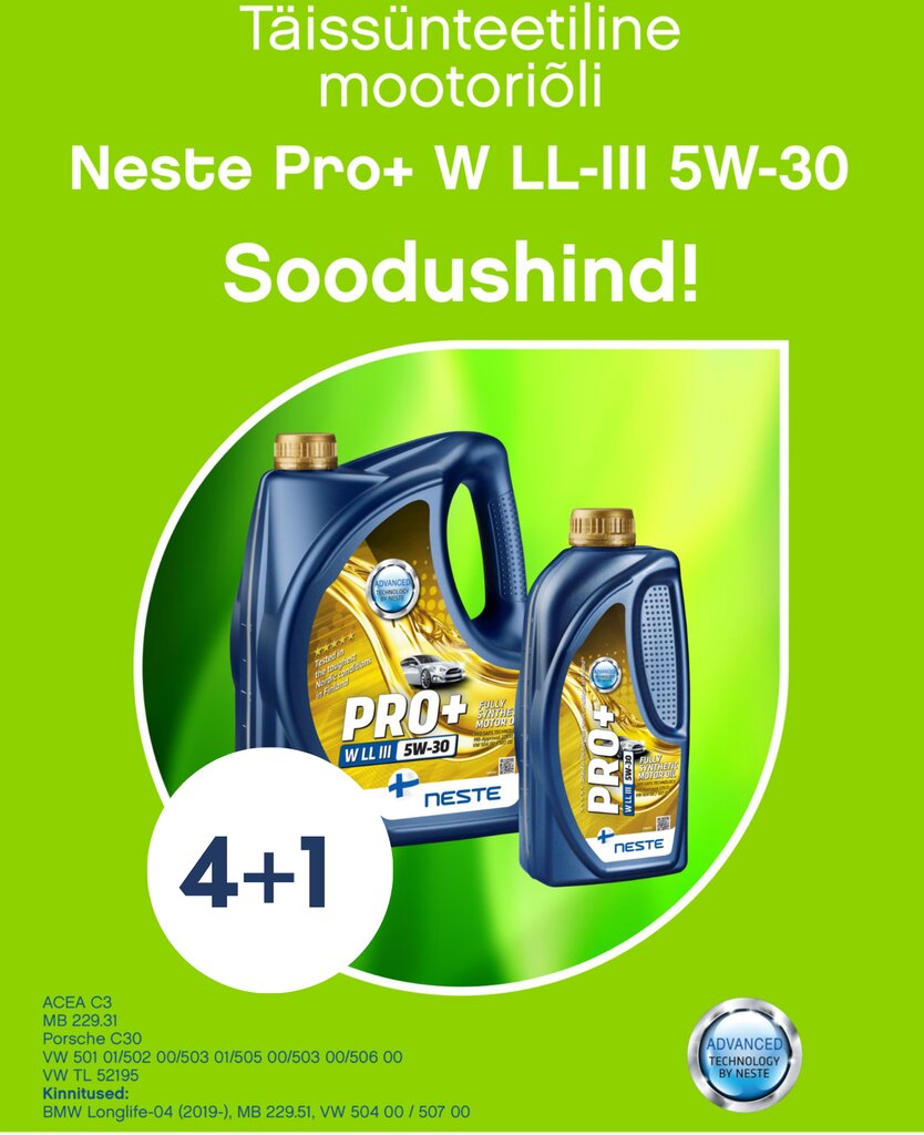 Kampaania! Neste Pro+ W LL-III 5W-30 4L+1L komplekt hind ja info | Mootoriõlid | hansapost.ee