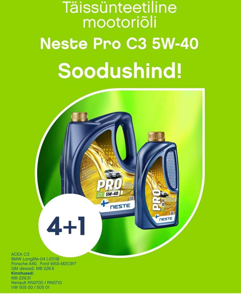 Kampaania! Neste Pro C3 5W-40, 4L + 1L komplekt цена и информация | Mootoriõlid | hansapost.ee